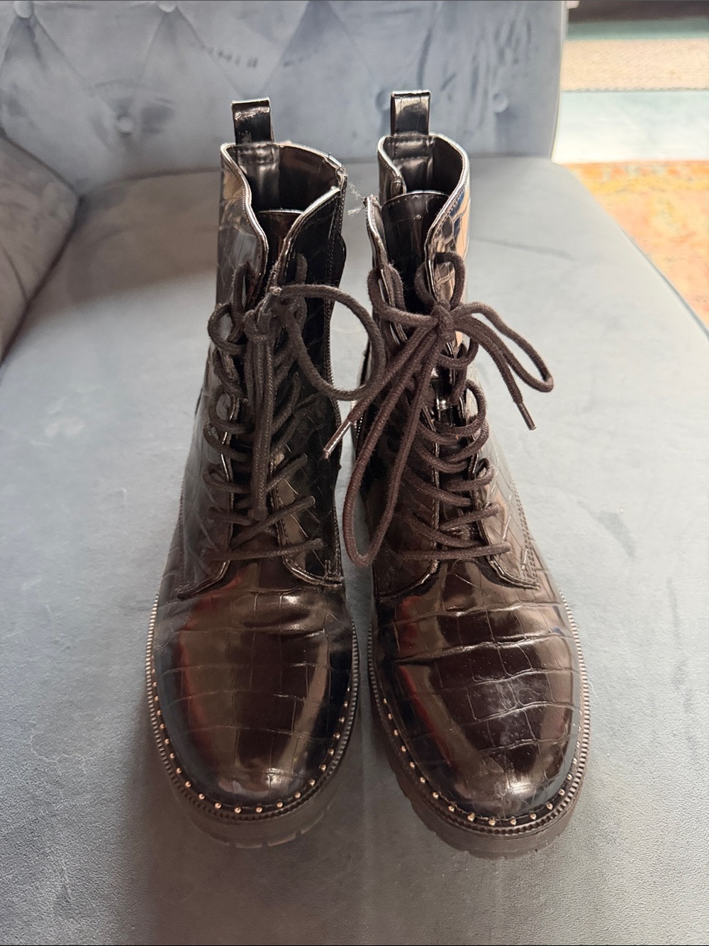 a new day Black Croc-Embossed Lace-Up Combat Boots